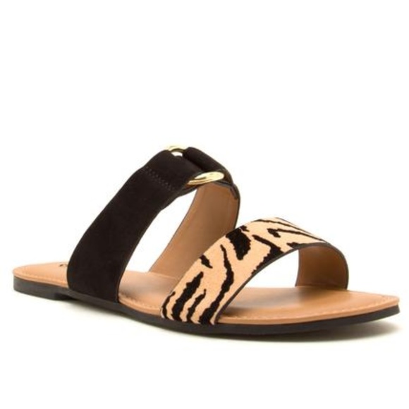 Qupid Shoes - New Black Gold Tiger Print Slide Sandals